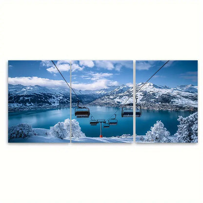 3pcs Klosters Davos Ski Resort Lake Wall Art Set Canvas Framed 50x70cm - High Quality Print 100% Australian Made Wall Canvas Ready to Hang