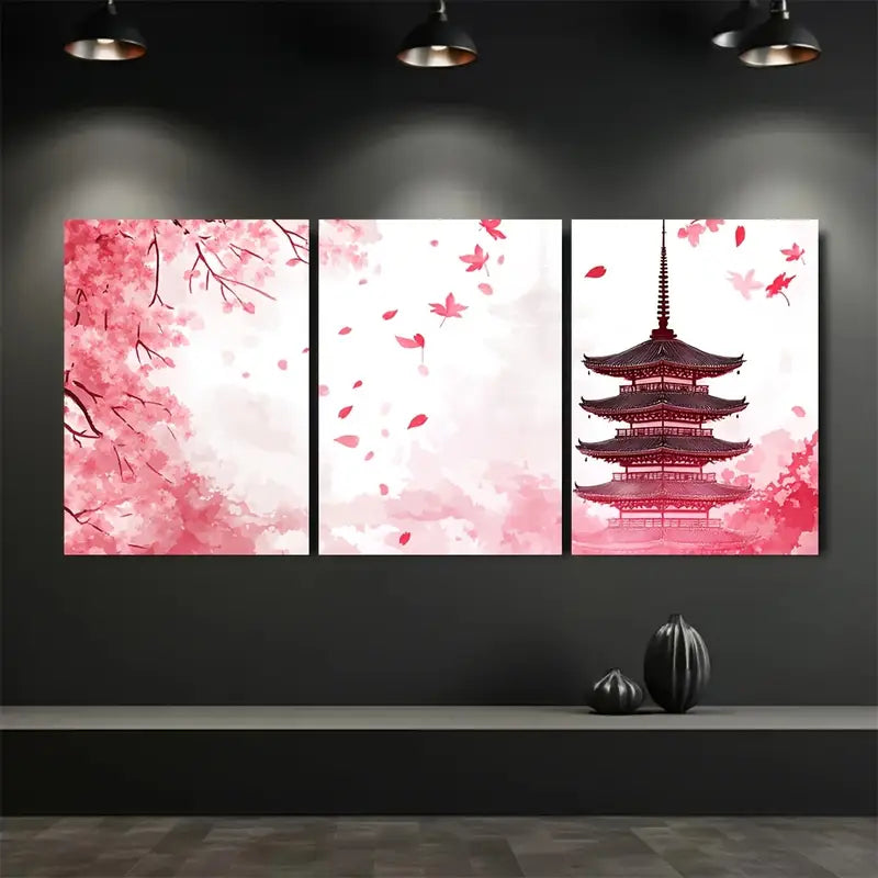 3pcs Japanese Pagoda & Cherry Blossom Metal Print Ready to Hang Art