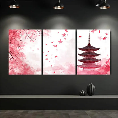 3pcs Japanese Pagoda & Cherry Blossom Metal Print Ready to Hang Art