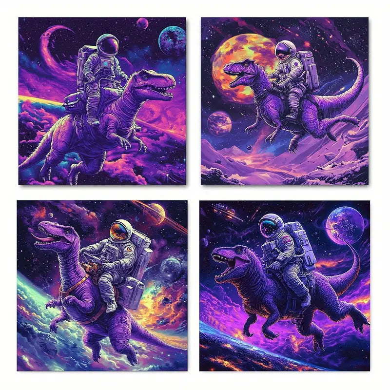 4pcs Astronauts Riding Dinosaurs In Space Wall Art Canvas Framed
