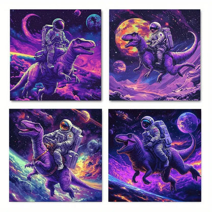 4pcs Astronauts Riding Dinosaurs In Space Wall Art Canvas Framed