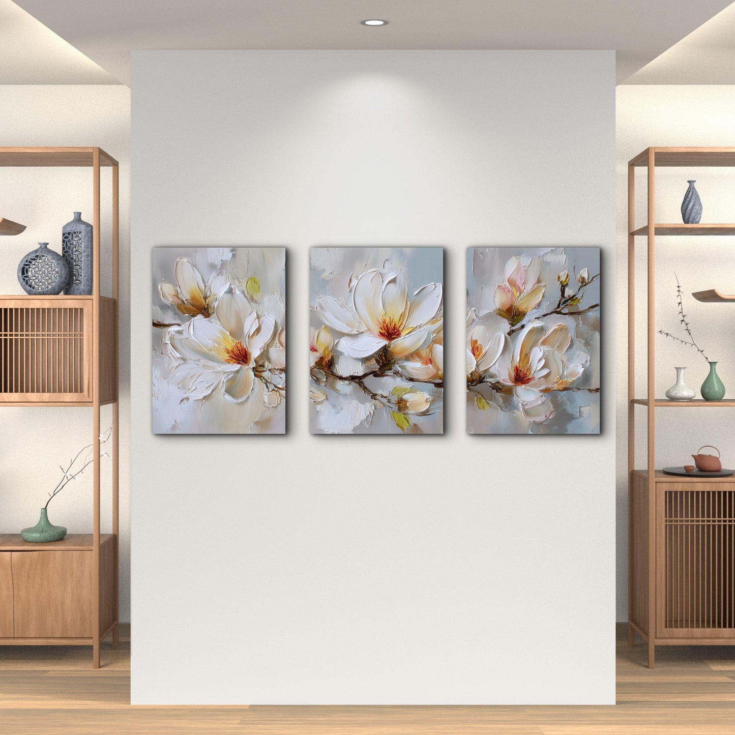 3pcs Thick Palette Knife White Blossom Triptych Wall Art Set Canvas Framed 60x90cm - High Quality Print 100% Australian Made Wall Canvas Ready to Hang - Bella Home Decor