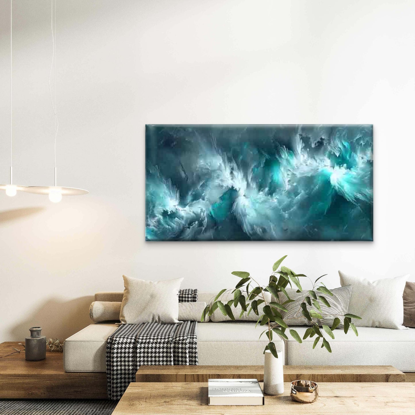 Abstract Turquoise Ocean Wall Art Canvas Office Home Room Framed 120x60cm - Bella Home Decor