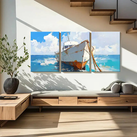 3pcs Nautical Ship Oil Painting Style Metal Print Ready to Hang Art