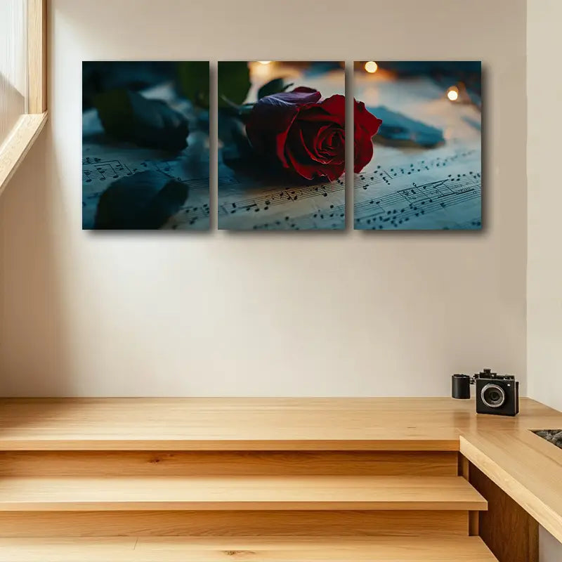 3pcs Elegant Red Rose & Sheet Music Metal Print Ready to Hang Art