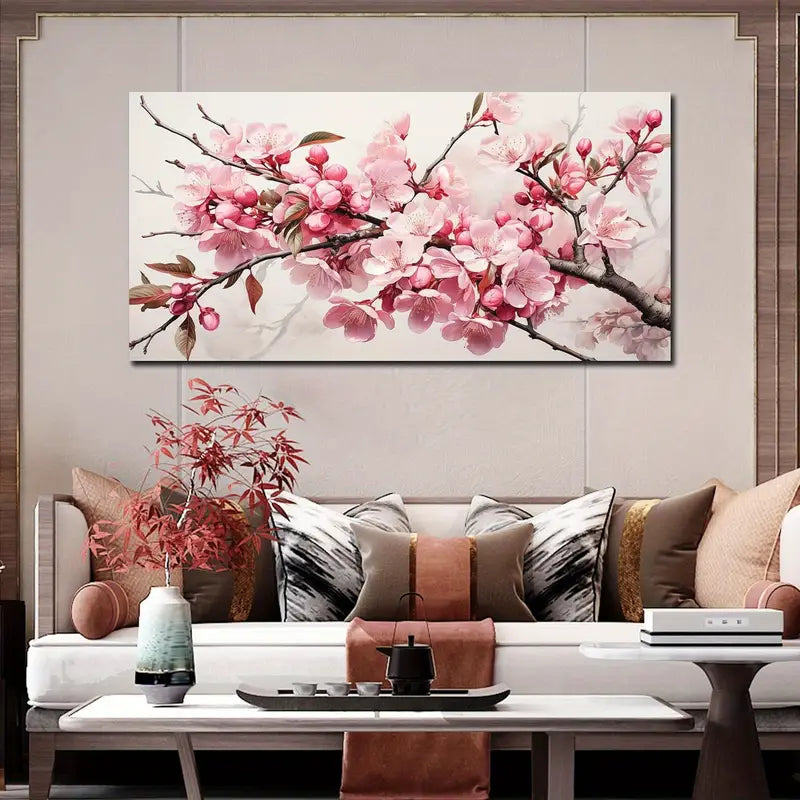 Pink Flower & Leaves Tree Wall Art canvas office home room framed 120x60cm - Bella Home Decor