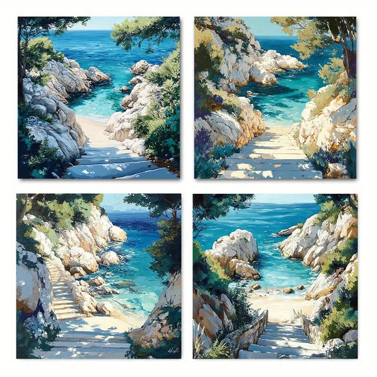 4pcs Greek Island Beach Coastal  GL     Wall Art Canvas Framed