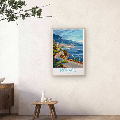 Monaco Europe, Beach & Yacht in Sea Art Travel Poster Print Wall Art - Bella Home Decor
