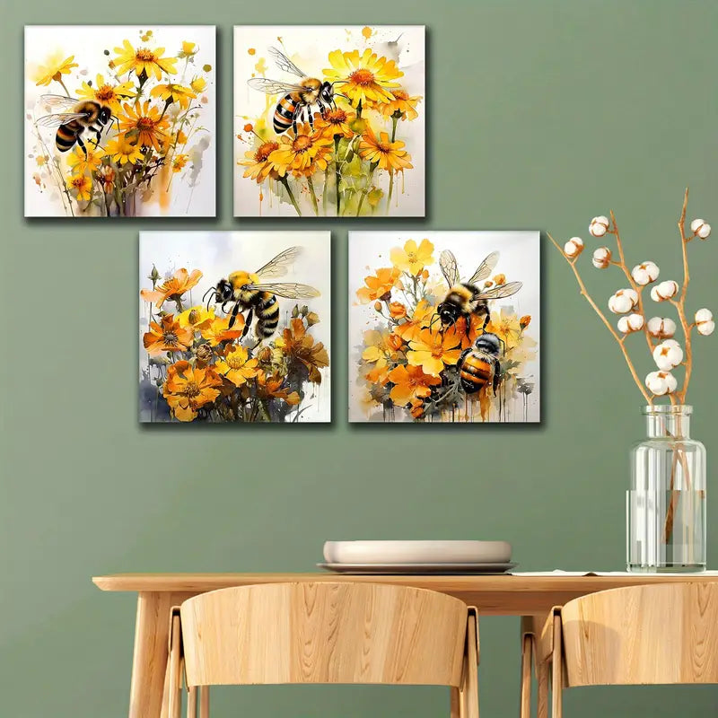 4pcsYellow Flower Wall Art Bee Wall Art Canvas Framed - Bella Home Decor