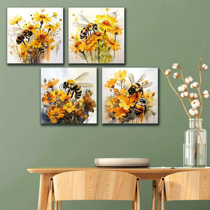 4pcsYellow Flower Wall Art Bee Wall Art Canvas Framed - Bella Home Decor