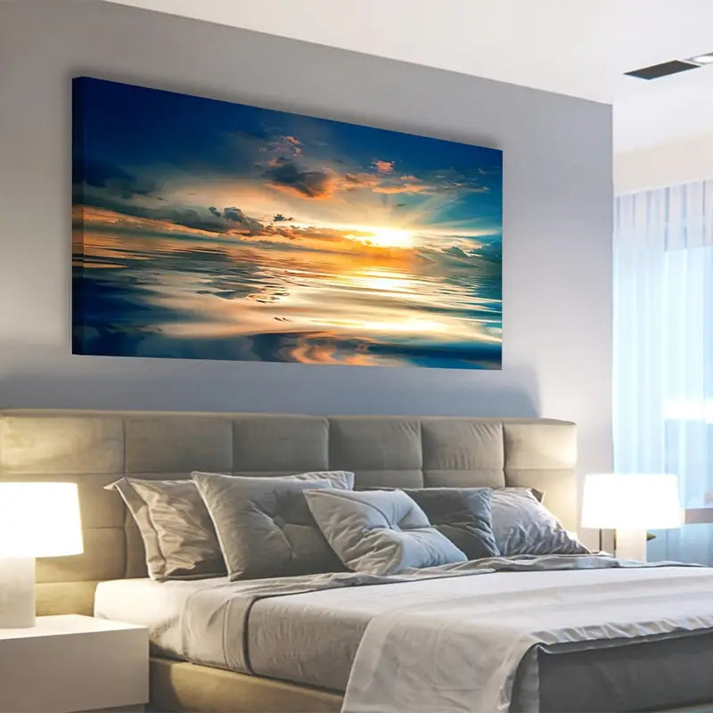Sunset Blue Ocean Nature Wall Art canvas office home room framed 120x60cm - Bella Home Decor