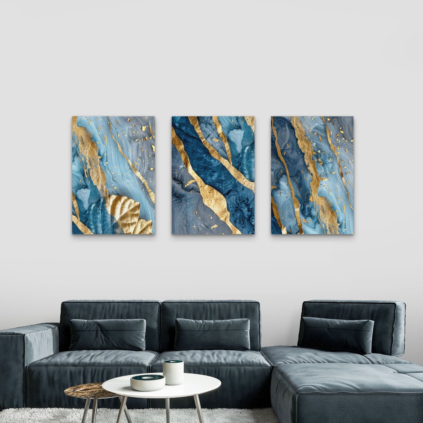 3pcs Modern Ocean Blue Fluid Ink Painting with Gold Leaf  Wall Art Set Canvas Framed 50x70cm - High Quality Print 100% Australian Made Wall Canvas Ready to Hang