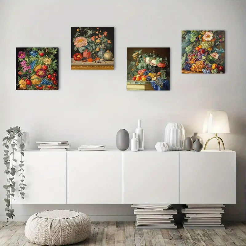 4pcs Abstract Fruit And Flower Canvas Art Prints Wall Art Canvas Framed