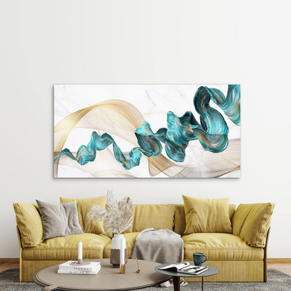 Flowing Teal Golden Ribbons Wall Art Canvas Office Home Room Framed 120x60cm