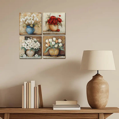 4pcs Flower Vase With Red And White Flowers Wall Art Canvas Framed