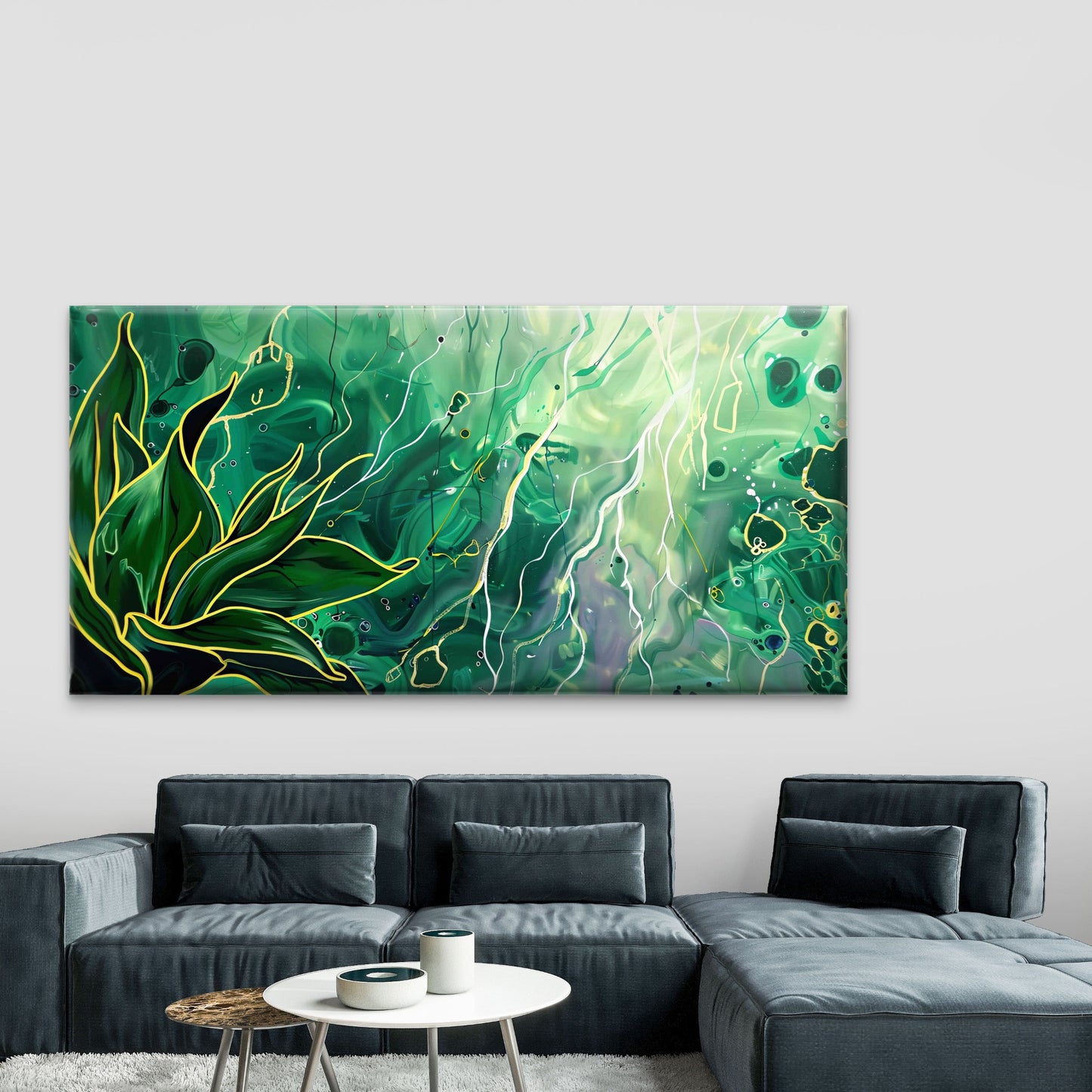 Ethereal Green Waves Wall Art Canvas Office Home Room Framed 120x60cm