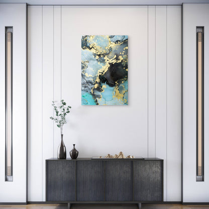 Teal Blue Gold Foil Fluid Ink Abstract Swirl 40x60cm Metal Print Ready to Hang