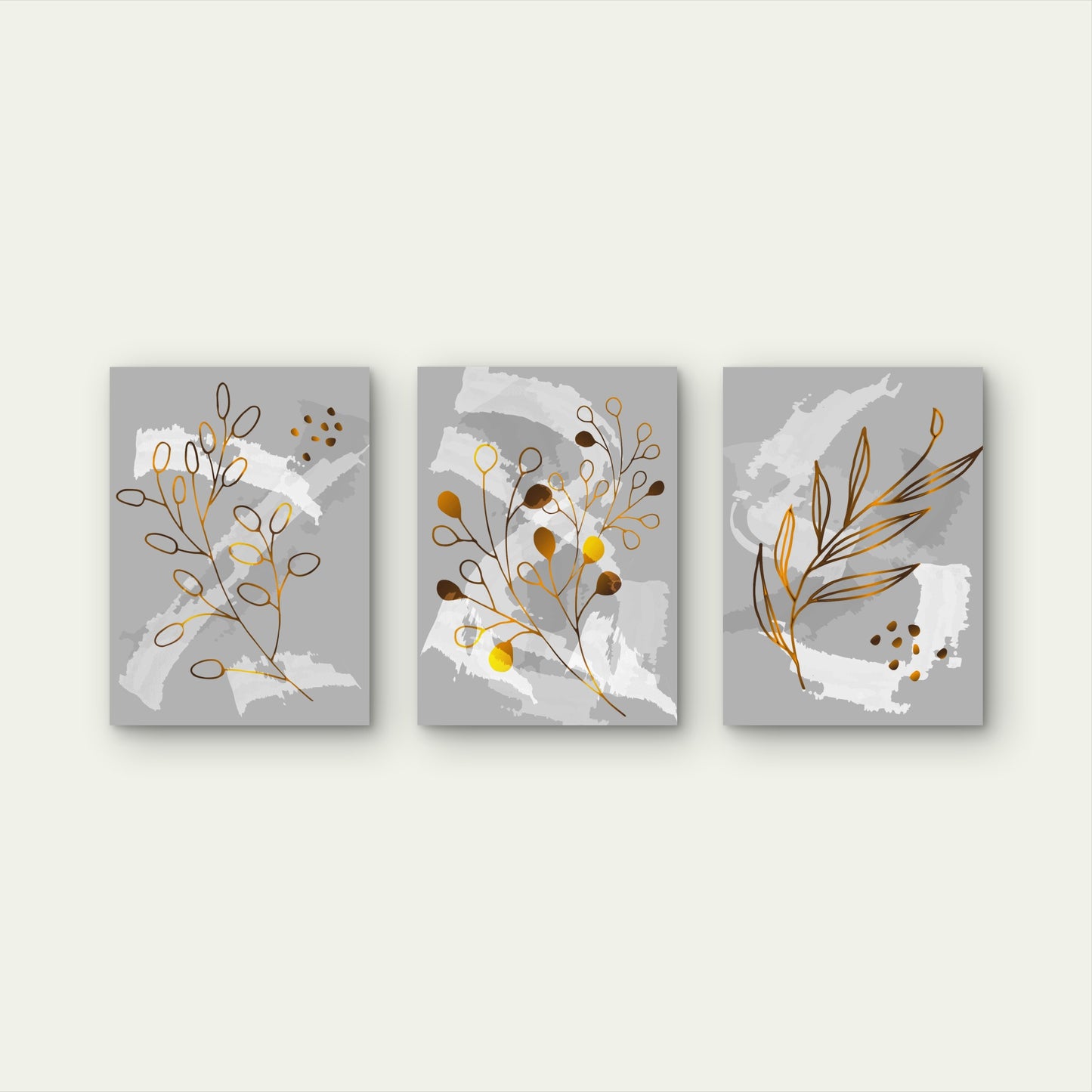 3pcs Abstract Gold Leaf Grey Botanical Trio    Wall Art Set Canvas Framed 50x70cm - High Quality Print 100% Australian Made Wall Canvas Ready to Hang