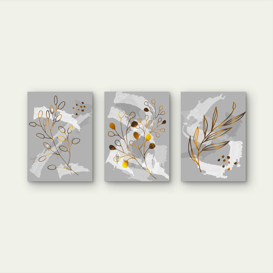 3pcs Abstract Gold Leaf Grey Botanical Trio    Wall Art Set Canvas Framed 50x70cm - High Quality Print 100% Australian Made Wall Canvas Ready to Hang