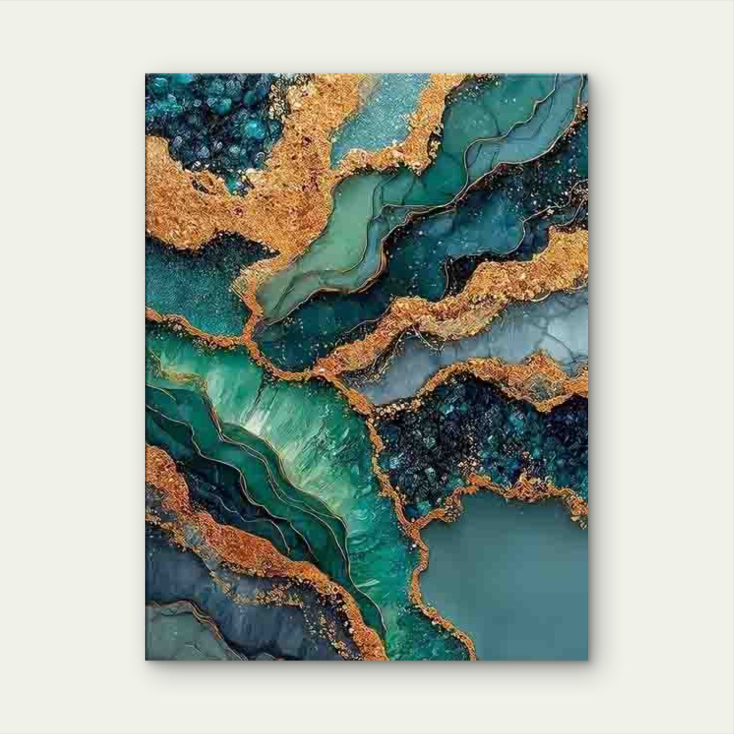 Abstract Turquoise Blue & Golden Leaf Marble Metal Print Ready to Hang