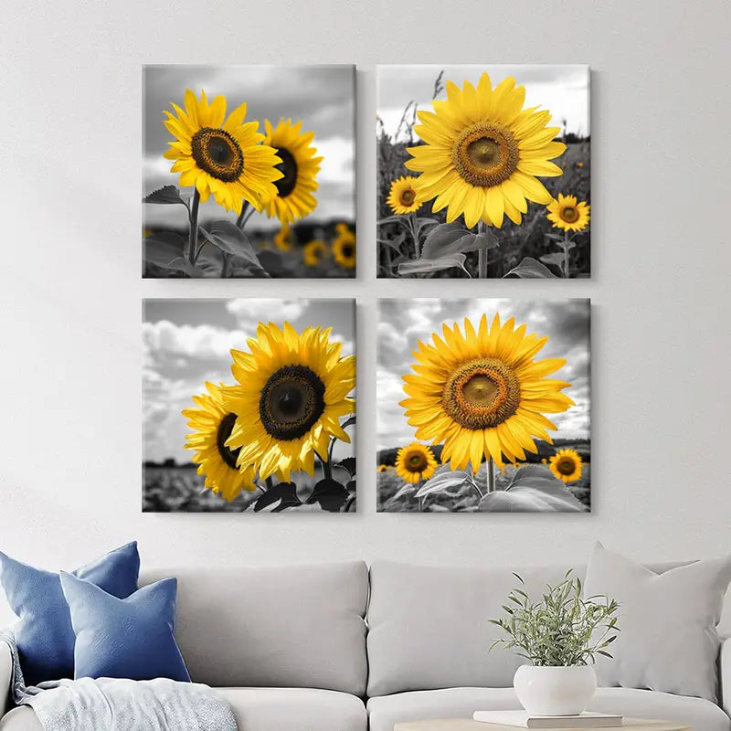 4pcs Vibrant Yellow Blooms with Contrasting Wall Art Canvas Framed