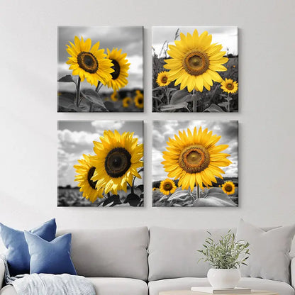 4pcs Vibrant Yellow Blooms with Contrasting Wall Art Canvas Framed