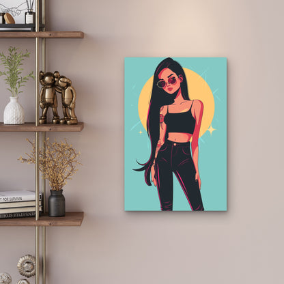 Stylish Pop Art Illustration Of A Girl In Black Cloth 60x90cm Metal Print Ready to Hang
