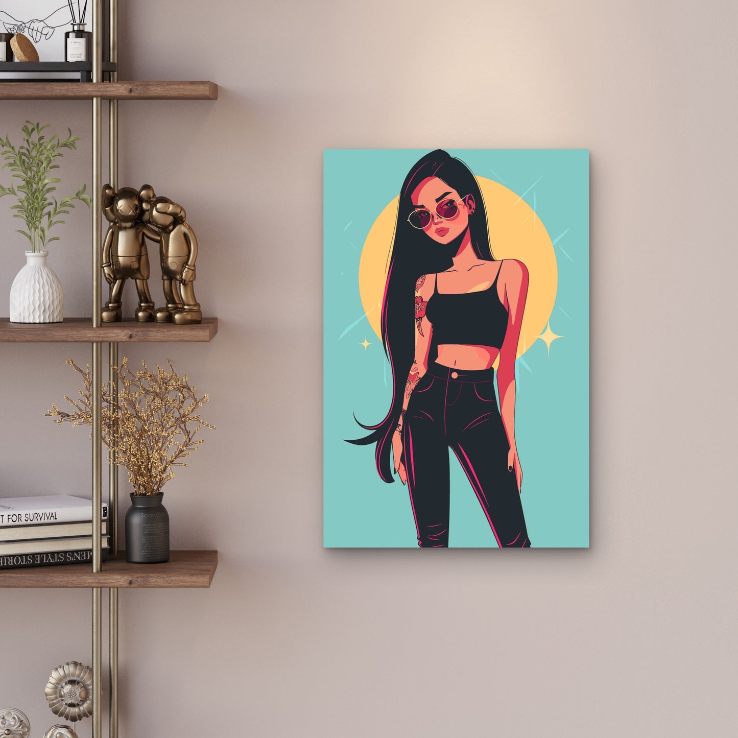 Stylish Pop Art Illustration Of A Girl In Black Cloth Metal Print Ready to Hang