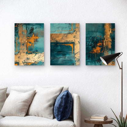 3pcs Teal and Gold Foil Abstract Textured Oil Painting Wall Art Set Canvas Framed 40x60cm - High Quality Print 100% Australian Made Wall Canvas Ready to Hang