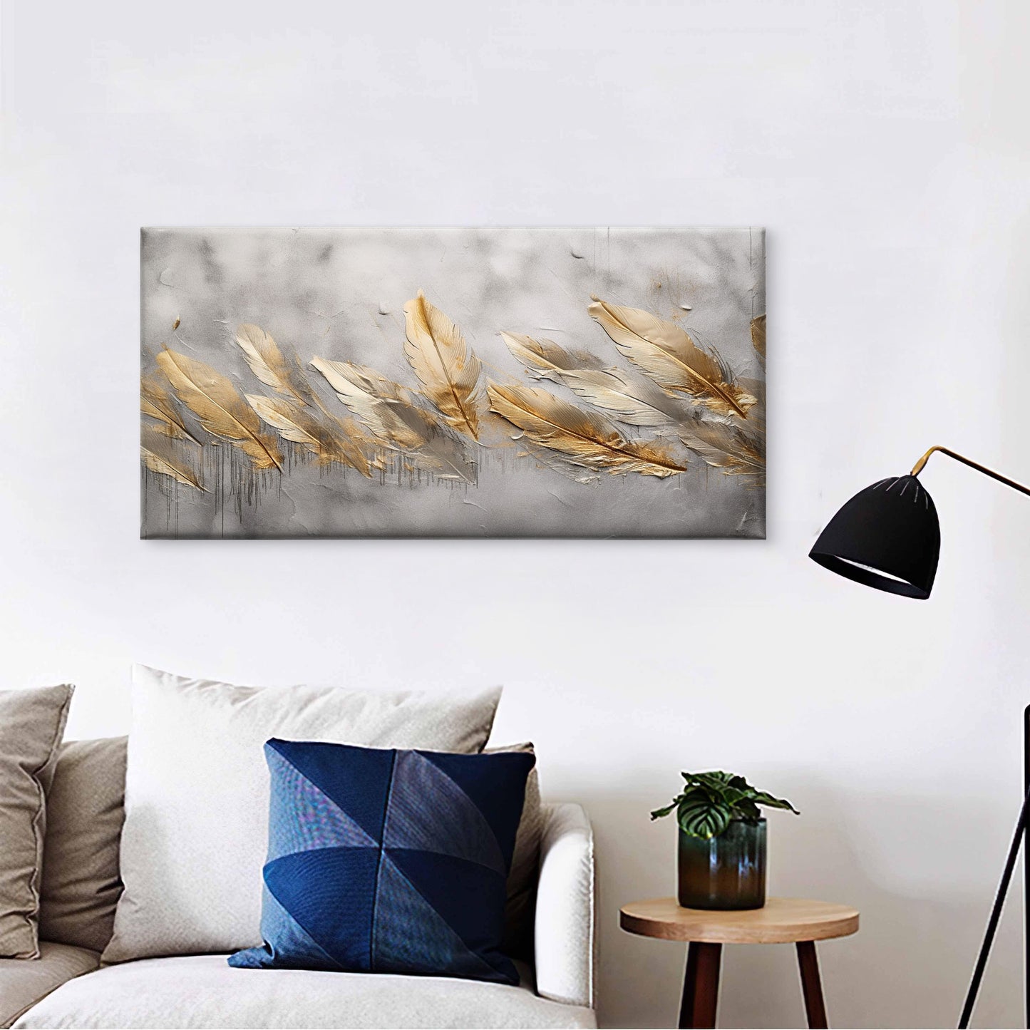 Abstract Golden Feather Grey Texture Wall Art Canvas Office Home Framed 120x60cm