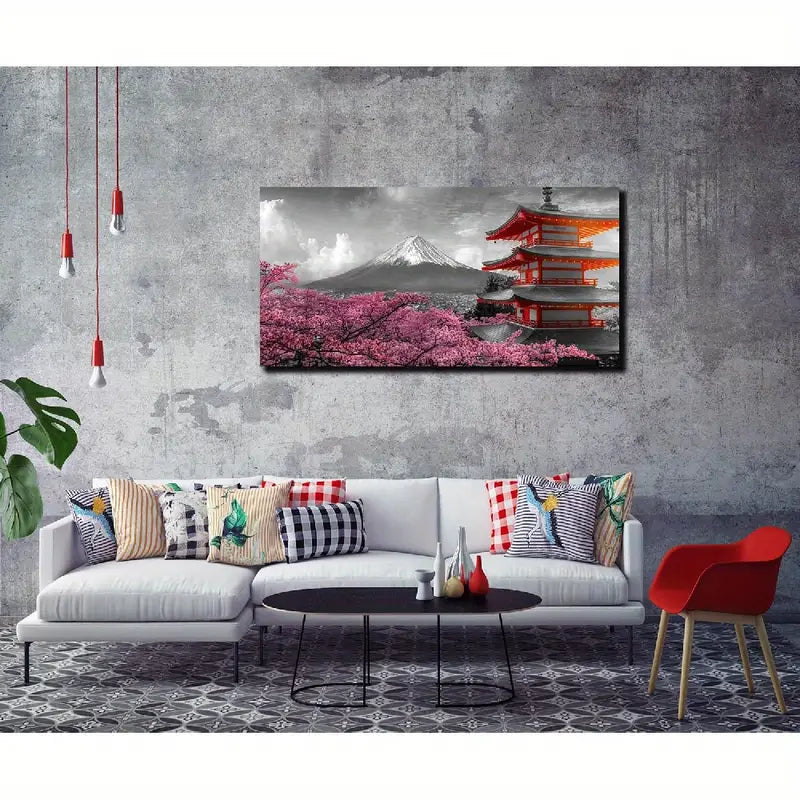 Pink Cherry Blossom & Mount Fuji Wall Art canvas office home room framed 120x60cm - Bella Home Decor
