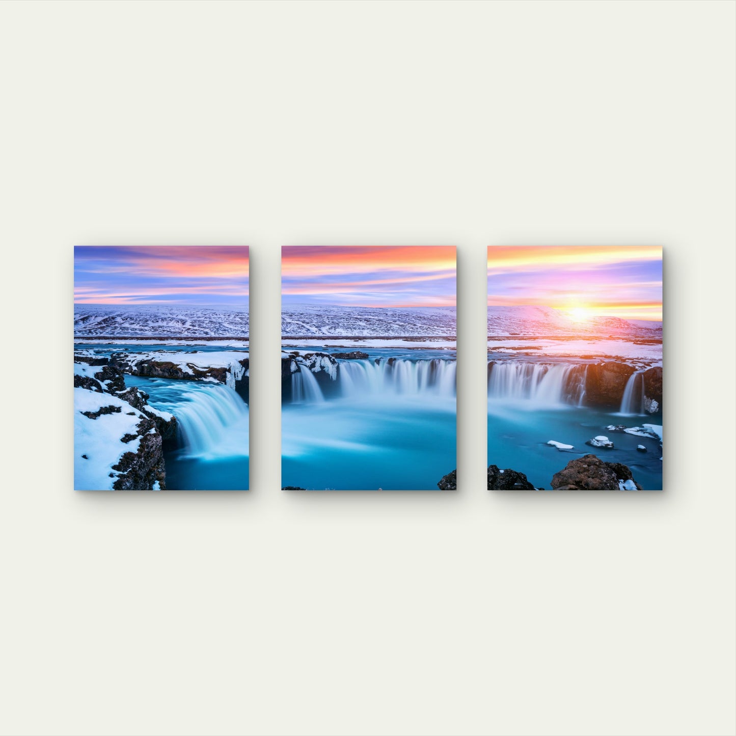 3pcs Iceland Sunset Winter Waterfall Snow Wall Art Set Canvas Framed 40x60cm - High Quality Print 100% Australian Made Wall Canvas Ready to Hang