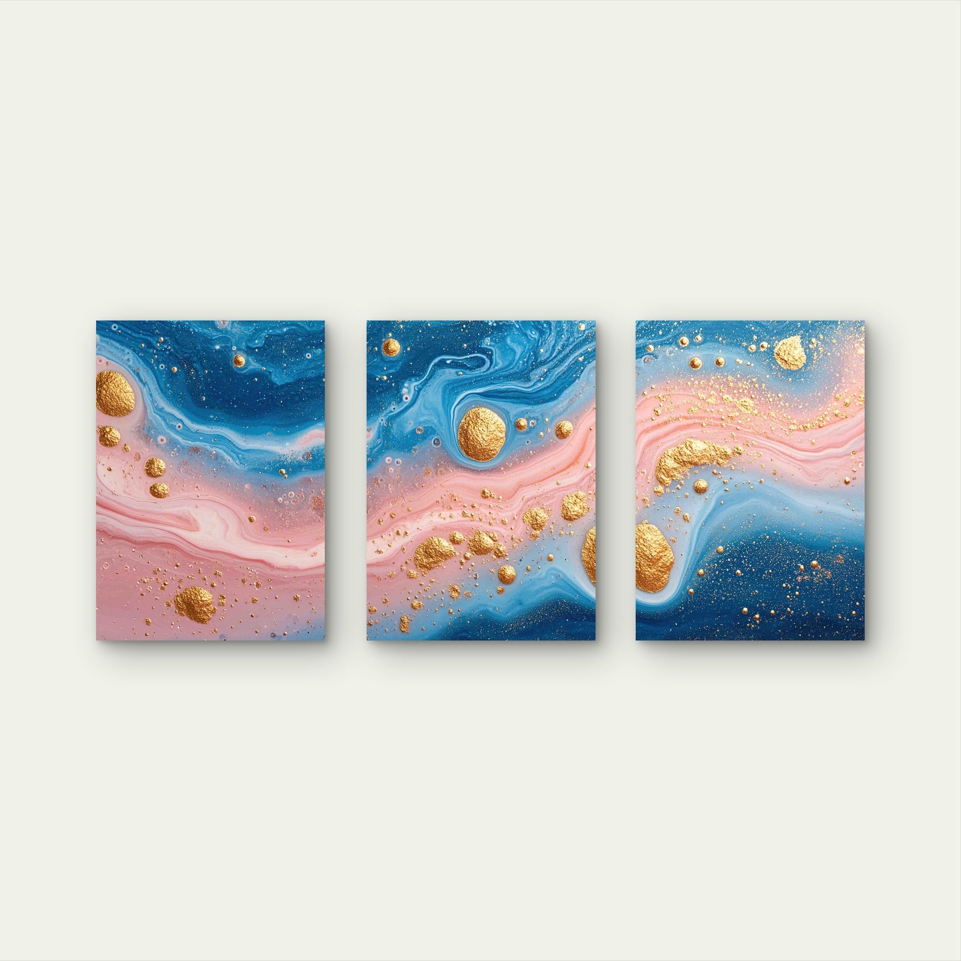3pcs Blue And Rose Quartz Marble With Gold Accents Metal Print Ready to Hang Art