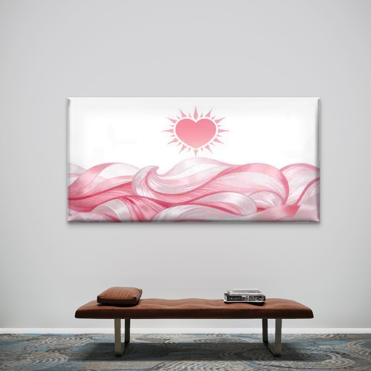 Pink Heart And Ribbon Waves Wall Art Canvas Office Home Room Framed 120x60cm