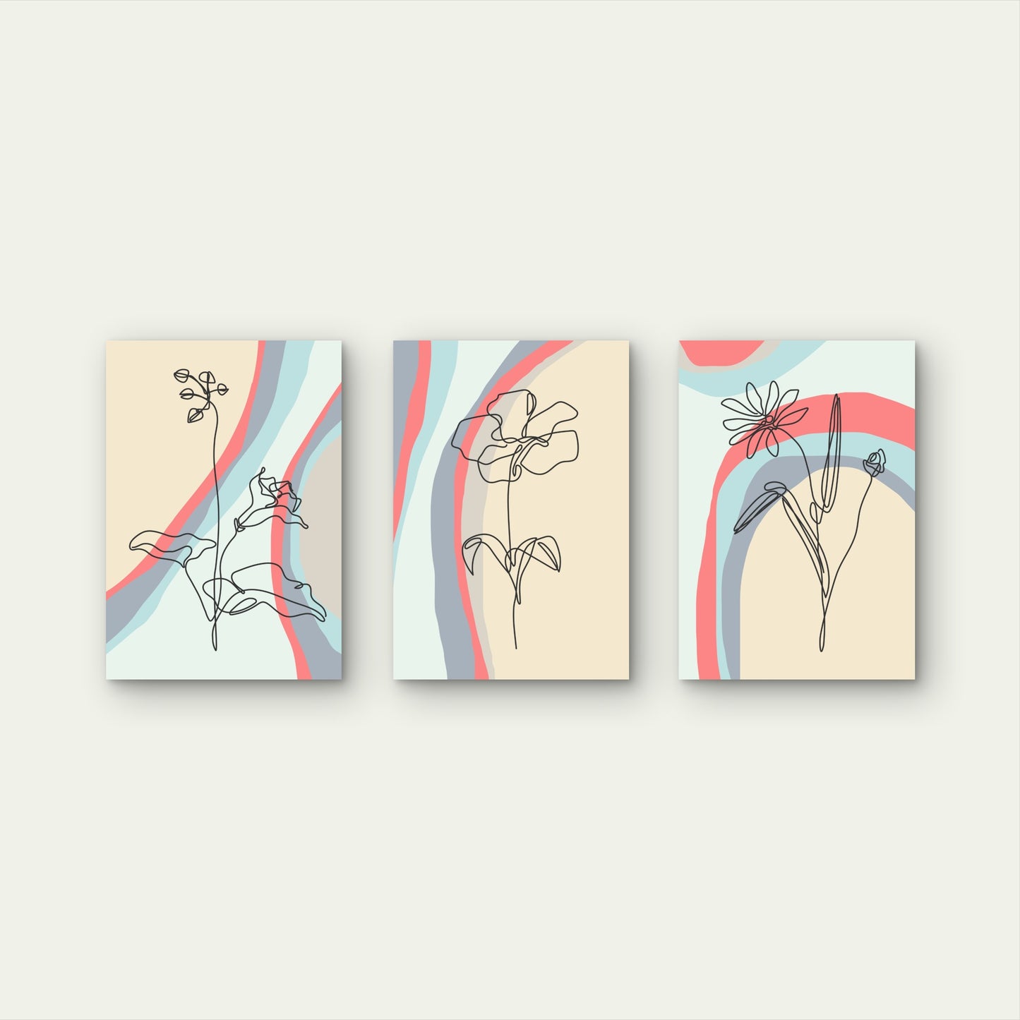3pcs Minimalist Floral Line Art Pastel Abstract   Wall Art Set Canvas Framed 50x70cm - High Quality Print 100% Australian Made Wall Canvas Ready to Hang