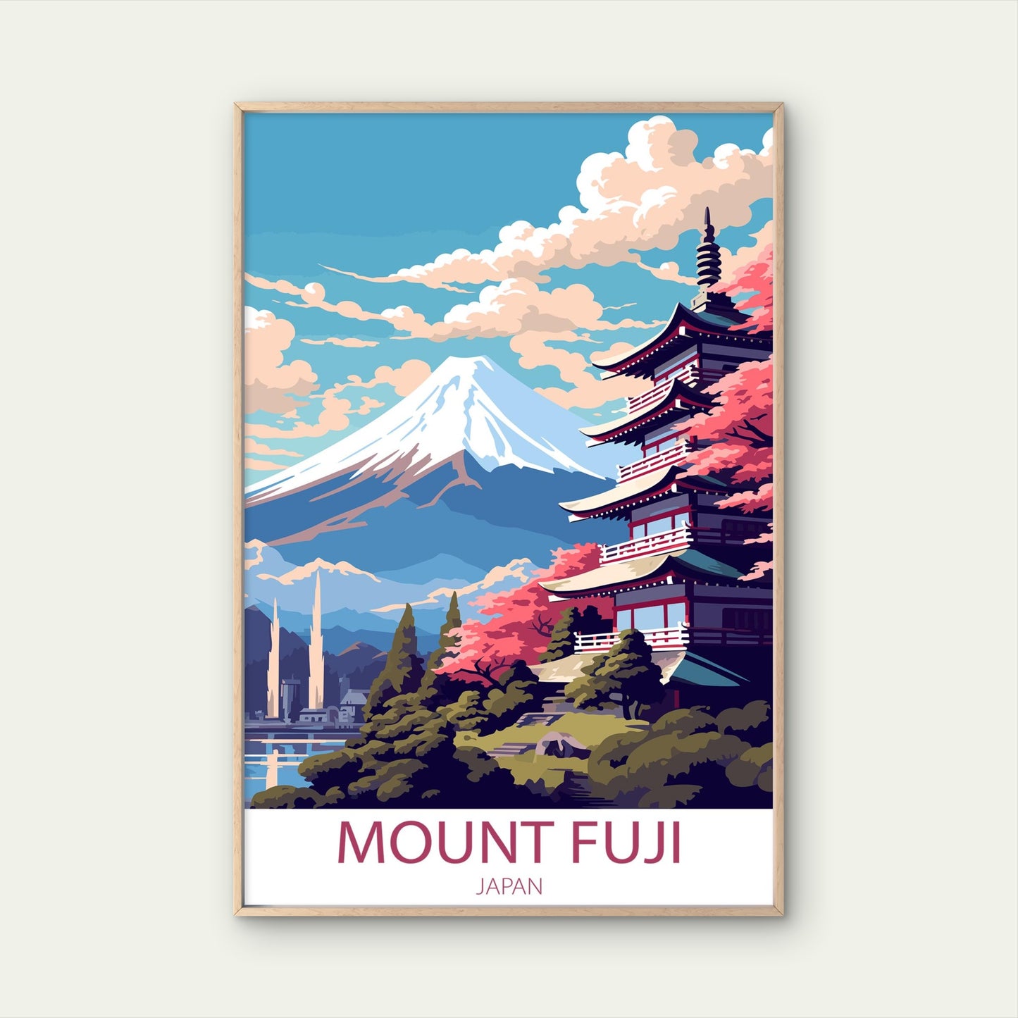 Mount Fuji Japan Chureito Pagoda Sakura Travel Poster Print Wall Art