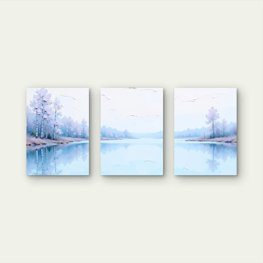 3pcs Serene Winter Lake Birch Trees Wall Art Set Canvas Framed 40x60cm - High Quality Print 100% Australian Made Wall Canvas Ready to Hang