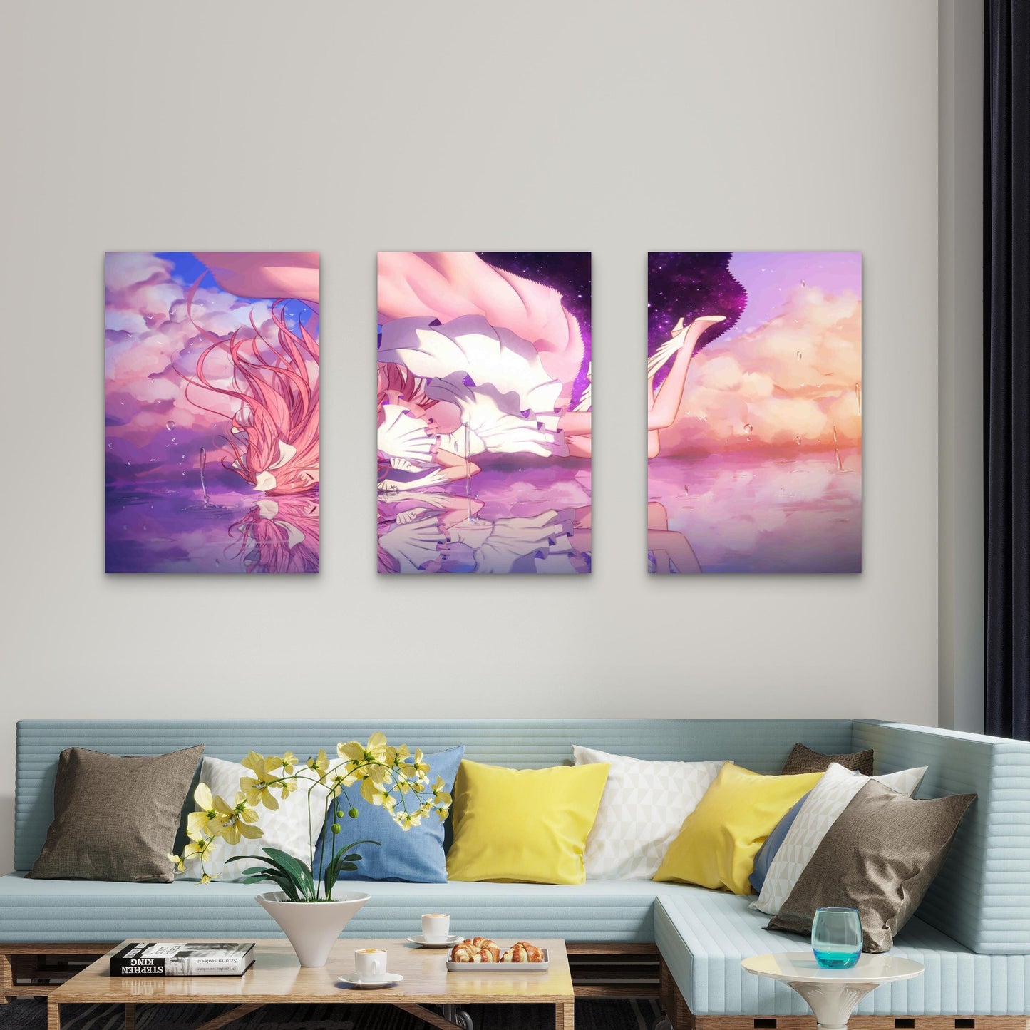 3pcs Anime Pink Hair Girl Cloud Reflection Cosmic Metal Print Ready to Hang Art