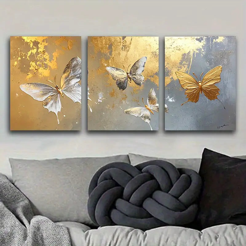 3pcs Golden & White Butterflies Metal Print Ready to Hang Art - Bella Home Decor
