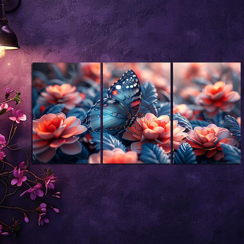 3pcs Vibrant Butterfly Among Blossoms Wall Art Set Canvas Framed 50x70cm - High Quality Print 100% Australian Made Wall Canvas Ready to Hang