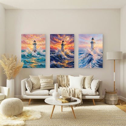 3pcs Coastal Lighthouse Ocean Wave Impasto Sunset Painting Wall Art Set Canvas Framed 40x60cm - High Quality Print 100% Australian Made Wall Canvas Ready to Hang