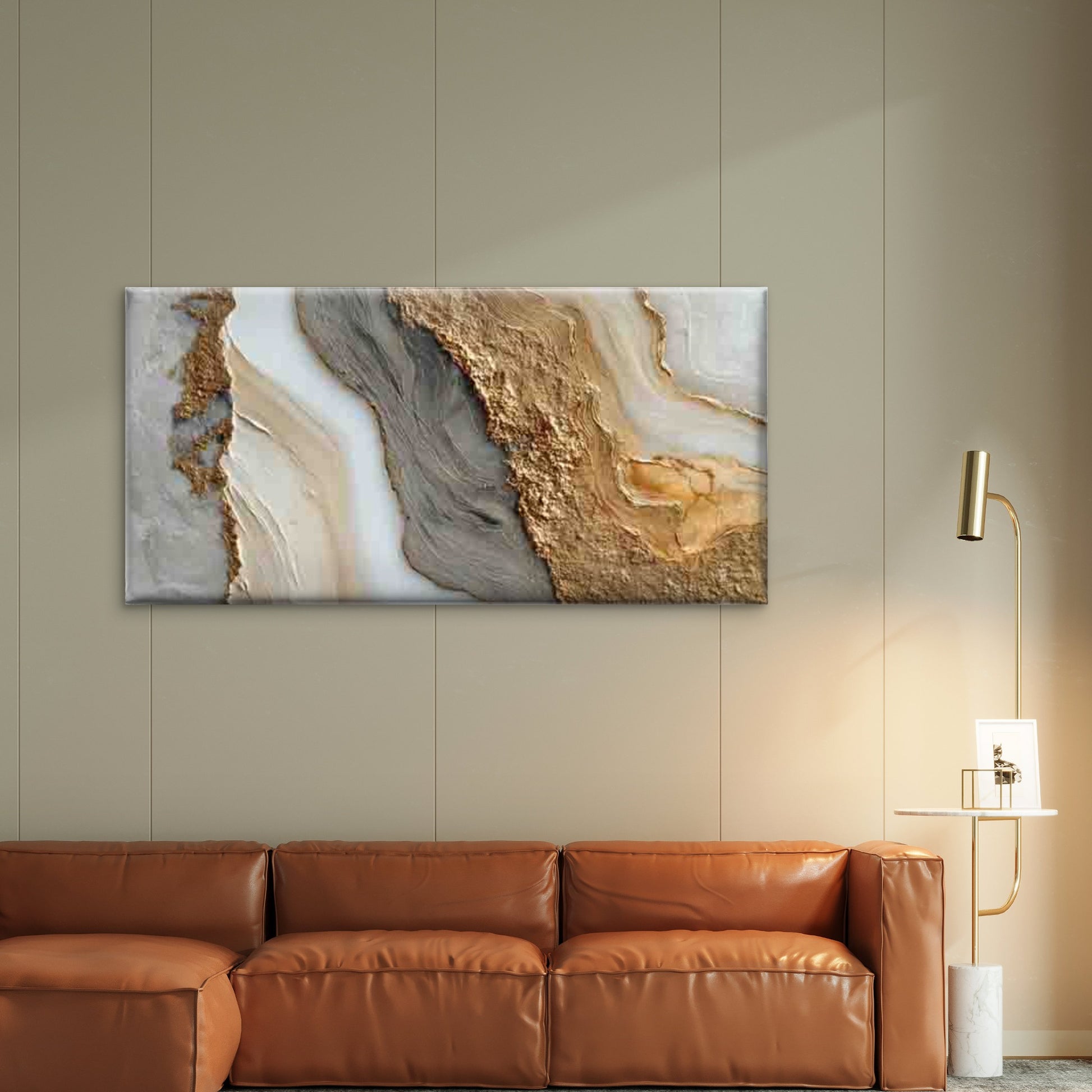 Golden Marbled with Beige Tones Wall Art Canvas Office Home Room Framed 120x60cm - Bella Home Decor
