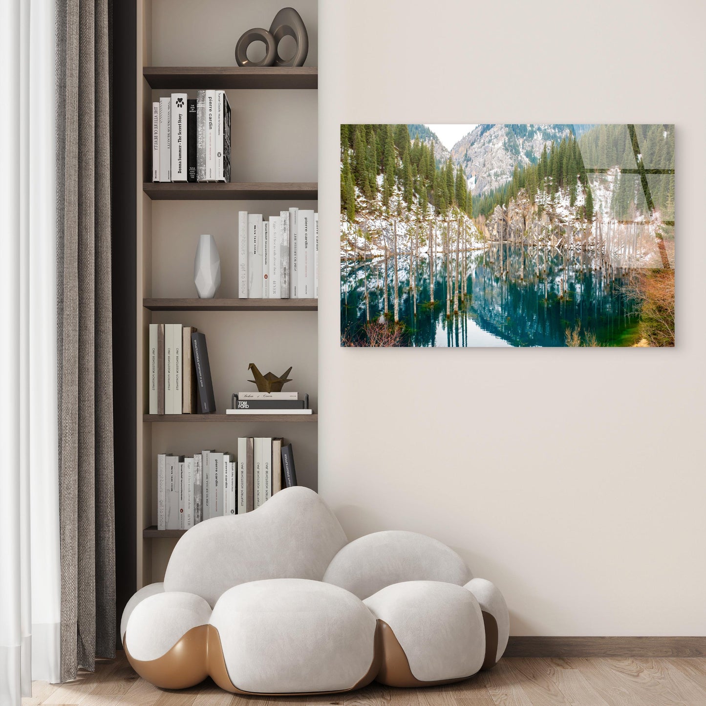 Kaindy Lake Sunken Forest Snow Mountains Pine Trees Reflections Winter Landscape Acrylic Glass Printing Wall Art Australian Made Quality