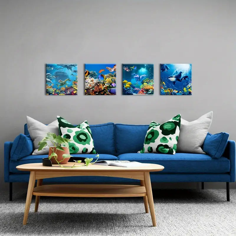 4pcs Marine Animals  Dolphin Pictures   Wall Art Canvas Framed - Bella Home Decor