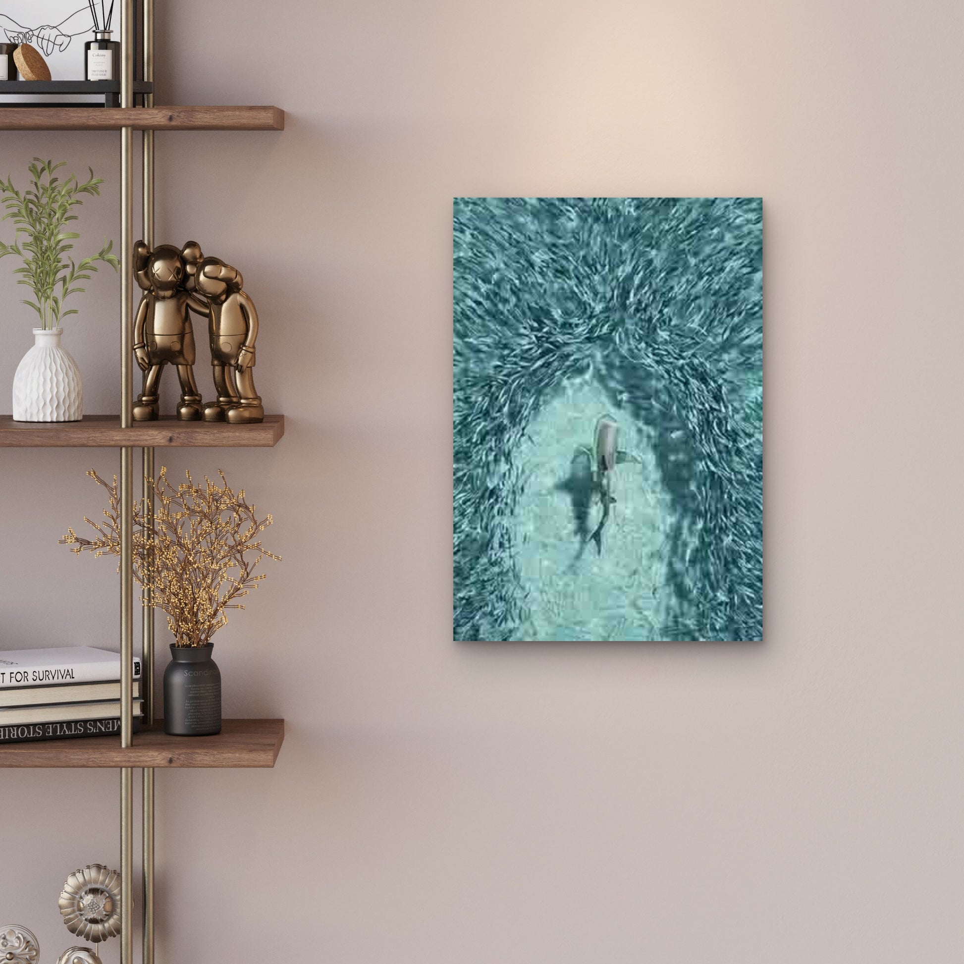 Shark Among a School of Fish 60x90cm Metal Print Ready to Hang - Bella Home Decor
