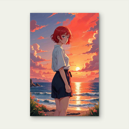 Anime Like Illustration Girl By Sea 60x90cm Metal Print Ready to Hang