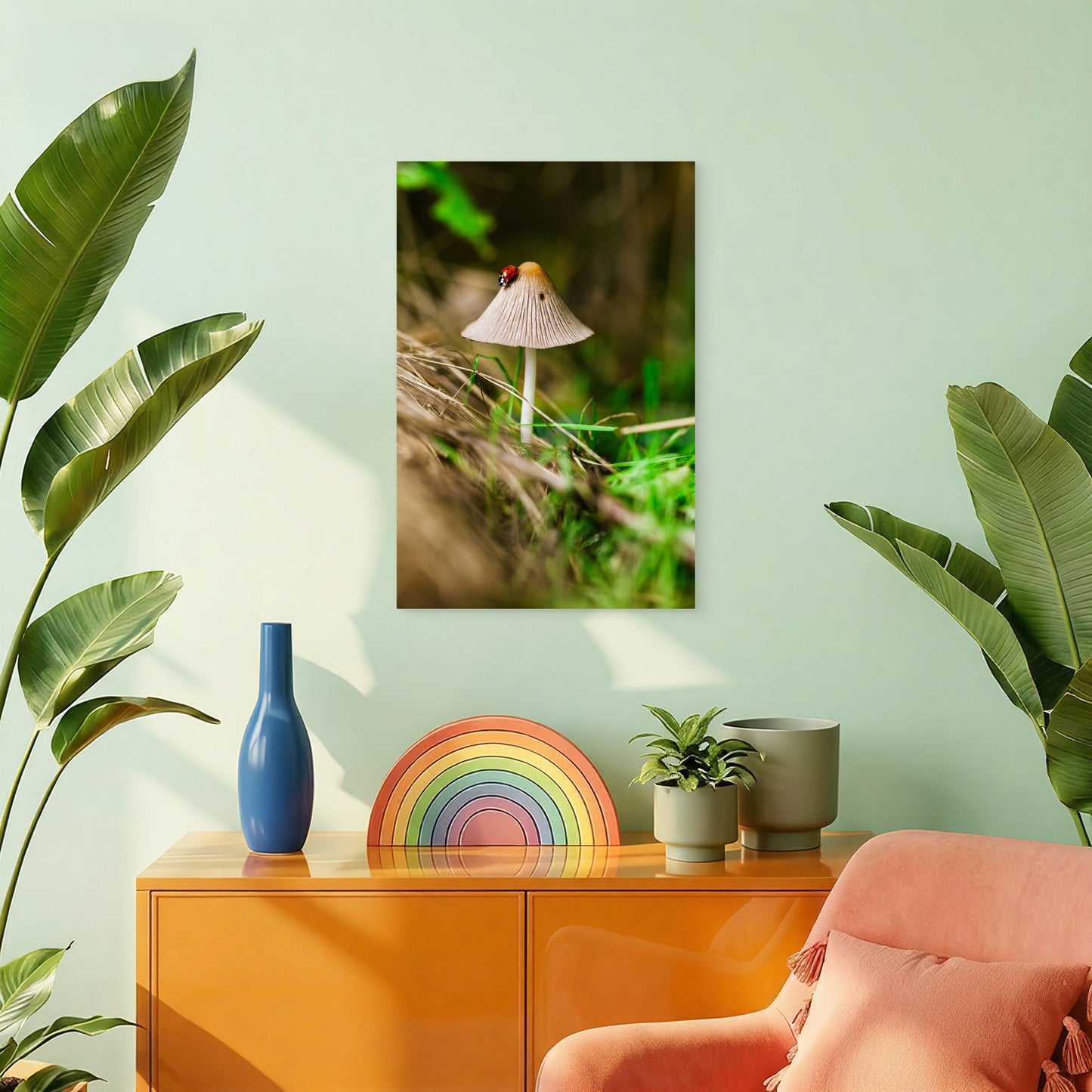 Bonnet Mushroom With A Ladybug On Its Cap 40x60cm Metal Print Ready to Hang