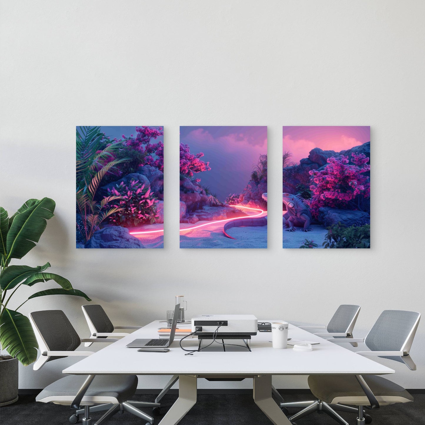 3pcs Iguana Neon Lights Metal Print Ready to Hang Art