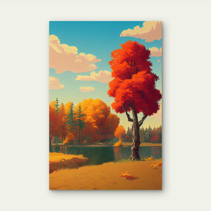 Illustration of a Serene Autumn Landscape 40x60cm Metal Print Ready to Hang