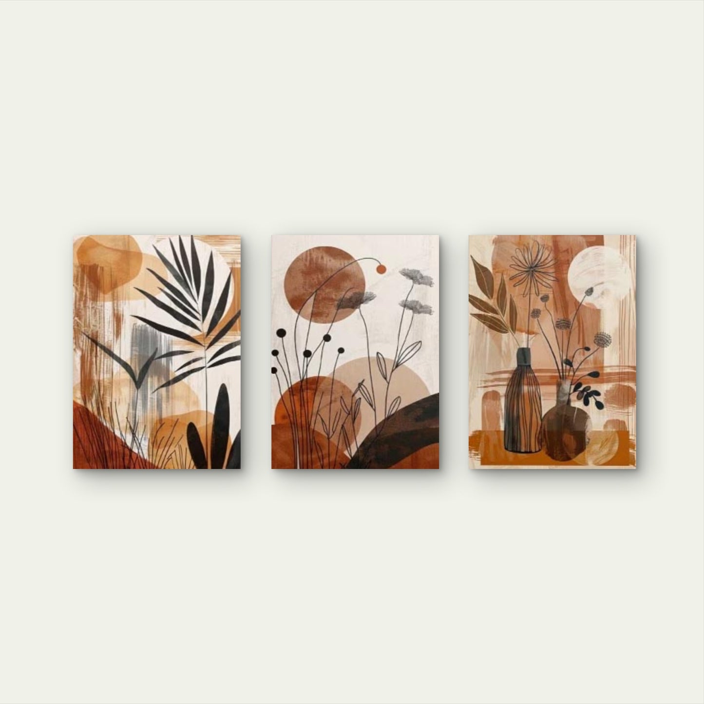 3pcs Abstract Terracotta Boho Botanical Vases Wall Art Set Canvas Framed 60x90cm - High Quality Print 100% Australian Made Wall Canvas Ready to Hang - Bella Home Decor